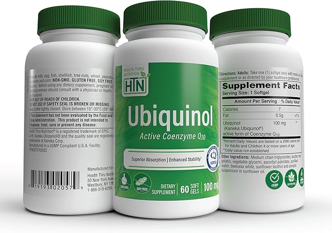 Health Thru Nutrition Ubiquinol 100mg 60 Softgels as Kaneka QH Reduced CoQ-10 | Stabilized - 3rd Party Tested | Enhanced Bioavailability | Cardiovascular & Mitochondria Function Support | Non-GMO