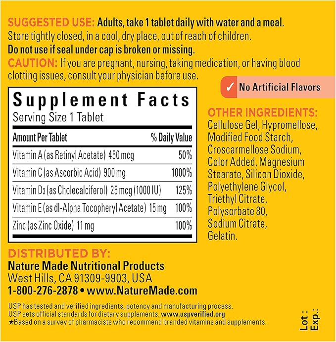 Nature Made Super C with Vitamin D3 and Zinc, Dietary Supplement for Immune Support, 60 Tablets, 60 Day Supply