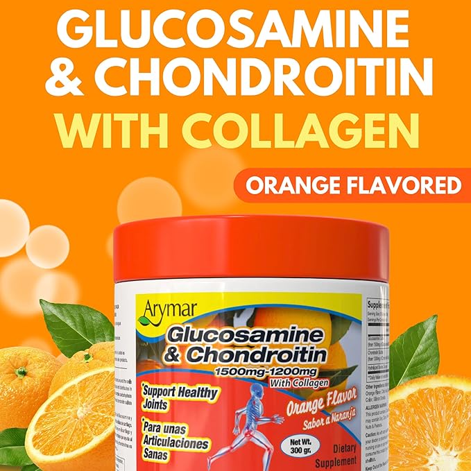 Arymar Glucosamine & Chondroitin 1500mg-1200mg with Collagen, Supports Joint Health, Orange Flavor