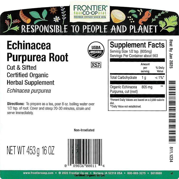 Frontier Co-op Echinacea Purpurea Root, Cut and Sifted, Certified Organic, Kosher | 1 lb. Bulk Bag | Echinacea purpurea (L.) Moench