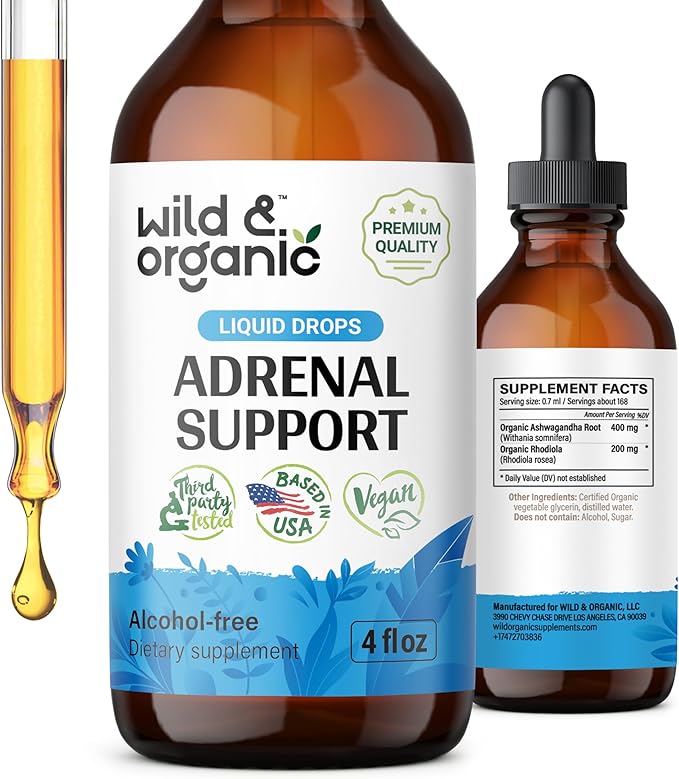 Wild & Organic Adrenal Support Drops for Positive Outlook - Natural Adrenal Support Supplements for Women and Men - Vegan, No Sugar & Alcohol - 2-Month Supply - 4 fl oz
