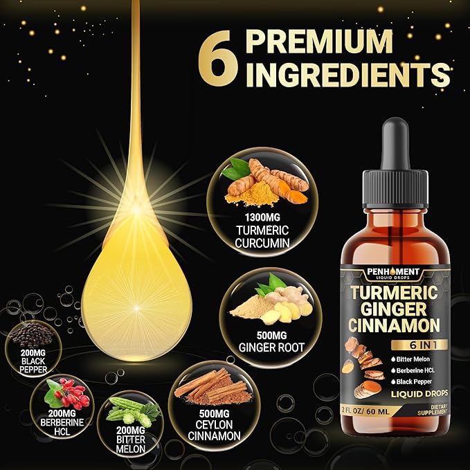 6in1 Liquid Turmeric Curcumin with Ginger, Berberine Extract, Ceylon Cinnamon, Bitter Melon, Black Pepper - Drops Extract - 2FL oz - 60 Servings