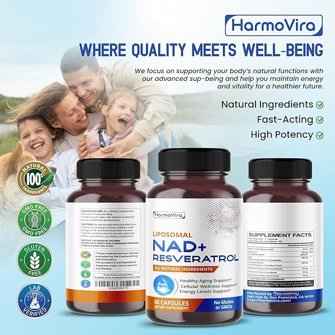 NAD+ RESVERATROL Quercetin Fisetin Black Pepper - Healthy Aging Support, Energy Levels Support - 120-day Supply - Made in The USA