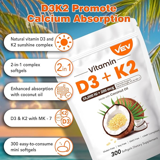 VEV Vitamin D3 Con K2 10000 IU, 300 Virgin Coconut Oil Softgels, 2 in 1 Vitamins Supplement D & K (Include MK7), Easy to Swallow, Supports Calcium Absorption, Bone Health(Packaging May Vary)