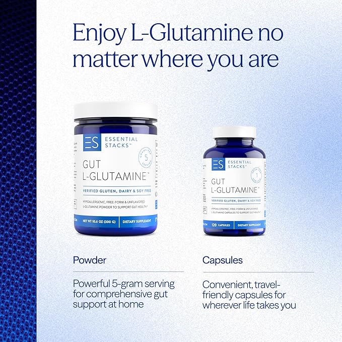 Essential Stacks Gut L-Glutamine Capsules 1000mg (Made in USA) - Gluten, Dairy & Soy Free, Non-GMO L Glutamine for Gut Health - 60 Serves (120 Caps)