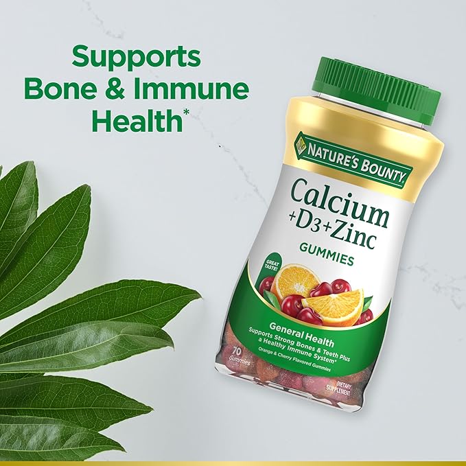 Nature's Bounty Calcium + D3 + Zinc Gummies, Supports Strong Bones & Teeth Plus a Healthy Immune System, 500mg, Orange and Cherry Flavored, 70 Gummies