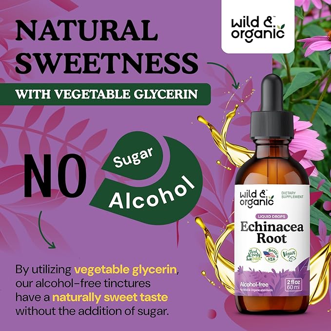 Wild & Organic Echinacea Tincture - Immune Support Drops with Liquid Echinacea Root Extract - Angustifolia Supplements - Vegan, Sugar & Alcohol-Free - 2 fl oz