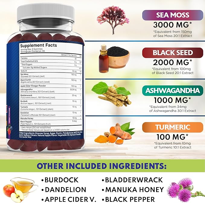 Sea Moss Gummies, Sea Moss, Black Seed, Ashwagandha, Turmeric, Manuka Honey, ACV, Dandelion, Black Pepper, Burdock, Bladderwrack, Vegan- 180 Count