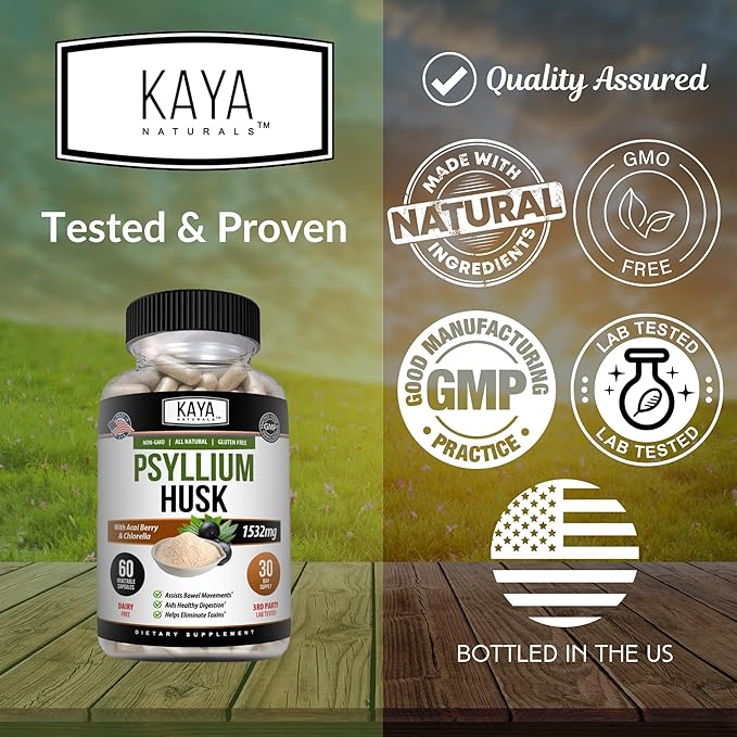 Kaya Naturals Psyllium Husk Capsules - 60 Count | High Fiber Supplement | Digestive Health & Regularity | Gluten-Free, Non-GMO