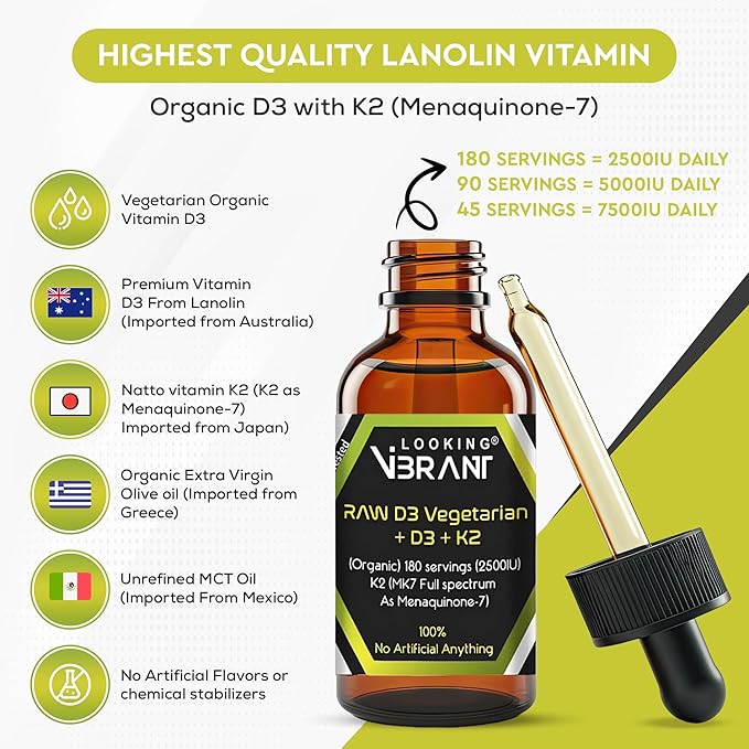Vitamin D3 + K2 (MK-7) Liquid Drops with MCT Oil & Olive Oil - Vegetarian, Non-GMO, Soy-Free, Gluten-Free, Alcohol-Free, 1 Bottle, 2 Fl Oz (60 ml) - 180 Servings (2500 IU per Serving)