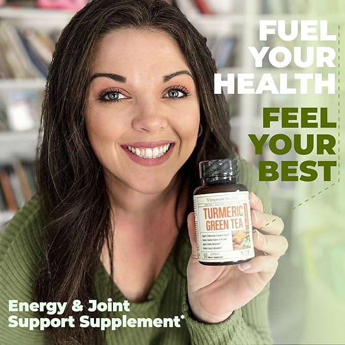 Turmeric Supplement & Green Tea Extract Capsules. Green Tea Supplement with Organic Turmeric Curcumin with Black Pepper & Vitamin C for Joint Health, Antioxidant Support & Healthy Metabolism. 60 Caps