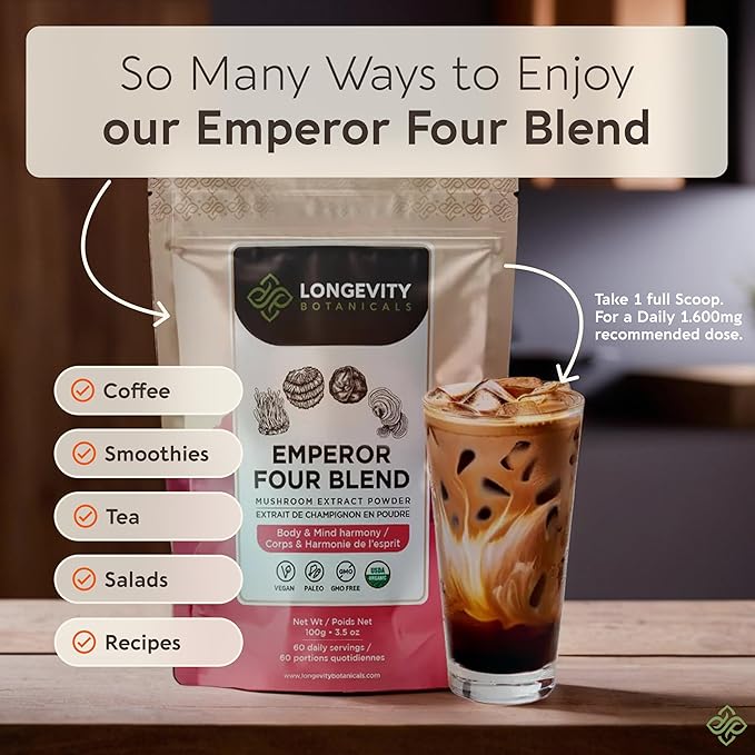 Longevity Botanicals Emperor 4 Organic Mushroom Blend 100g | Reishi, Lion’s Mane, Chaga, Cordyceps | Extract Powder Mix | 10:1 Ratio | 100% Fruiting Bodies | Complex for Immune & Vitality Support