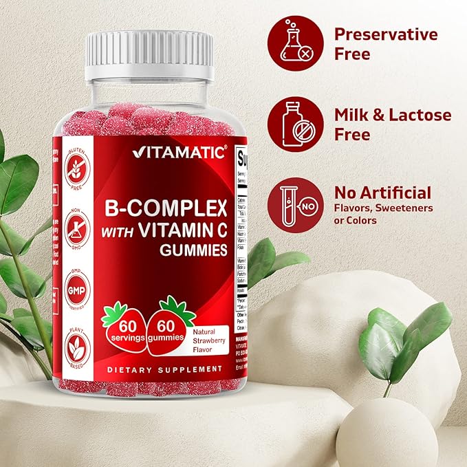 Vitamatic Vitamin B Complex Gummies with Vitamin C & Inositol - Natural Strawberry Flavor - 60 Gummies (1 Bottle)