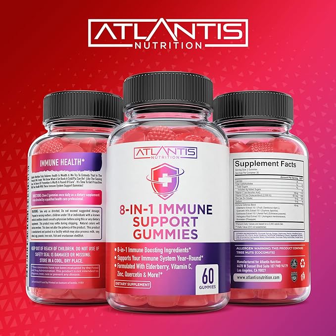 Atlantis Nutrition 8-in-1 Immune Support Gummies with Elderberry | Immune Supplement with Elderberry, Quercetin, Zinc, Vitamin C - Immunity Boosters for Adults & Kids - Delicious Flavor - 60 Count