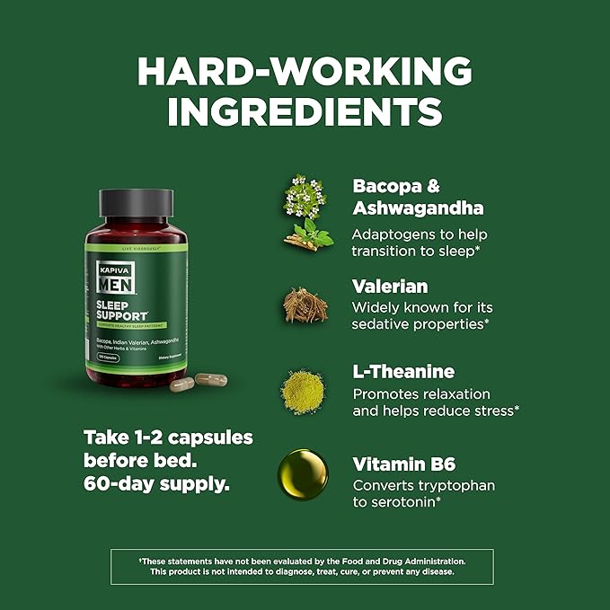 Sleep Support Supplement with Bacopa, Valerian, Ashwagandha, and Other Herbs and Vitamins, Supports Healthy Sleep Patterns, 30 Day Supply, 60 Capsules