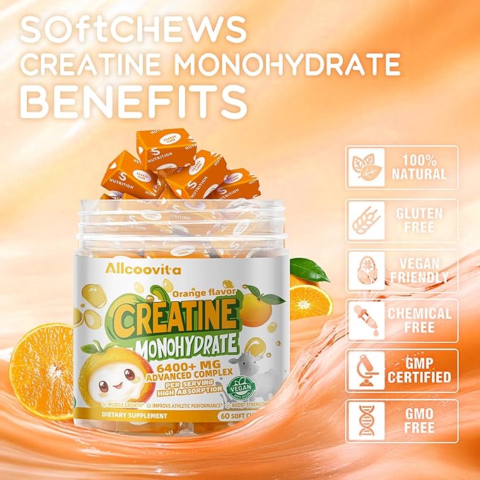 Creatine Monohydrate Chews Complex 6400mg for Men & Women -Advanced Formula W/L-Taurine + Vitamin B12, Sugar Free Chewable Supplement,60 Orange Softchews