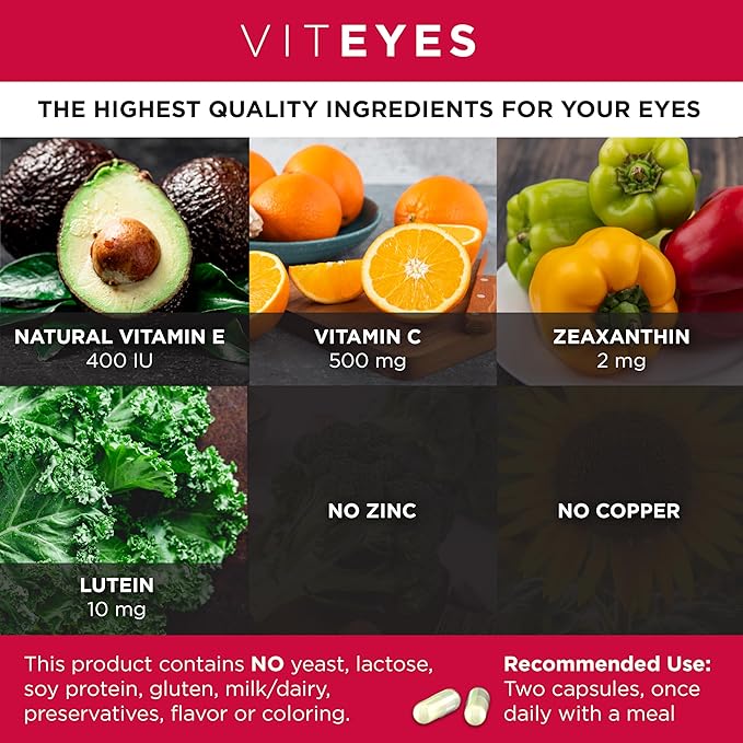 Viteyes AREDS 2 Zinc Free Macular Support, Natural Allergen Free Capsules with Vitamin E, Vitamin C, Lutein & Zeaxanthin, No Zinc, No Copper, Eye Doctor Trusted, Manufactured in The USA, 180 Ct