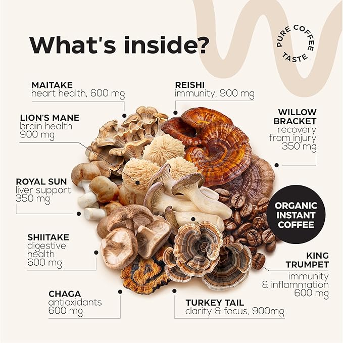 Mushroom Coffee - 10-in-1 Mushroom Superfood Adaptogen Mix - Organic Lion's Mane, Chaga, Turkey Tail, Reishi, Instant Coffee - for Gut Health, Immunity, Energy, Focus - Sugar Free - 7,4 oz (35 Serv)