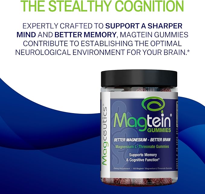 Magtein Gummies - Magnesium L-Threonate Gummies, Brain Support, Focus Supplement, Boost Memory & Cognitive Function - 150 Vegan Gummies