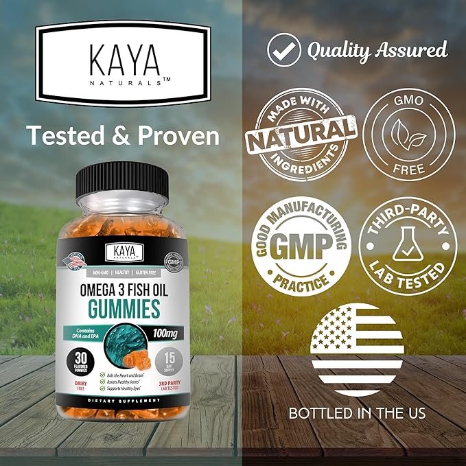 Kaya Naturals Omega 3 Fish Oil Gummies -Fish Oil Supplement with EPA & DHA Fatty Acids - Helps Support Brain, Eye, Heart Health & Immune Support - Non-GMO - 30 Count