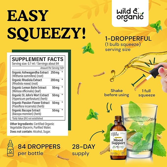 Wild & Organic Mood Support Drops - Good Mood Supplements w/Ashwagandha Root & Rhodiola Rosea - Natural Liquid Drops for Positive Energy - Calm and Relax Supplements for Women and Men - 2 oz