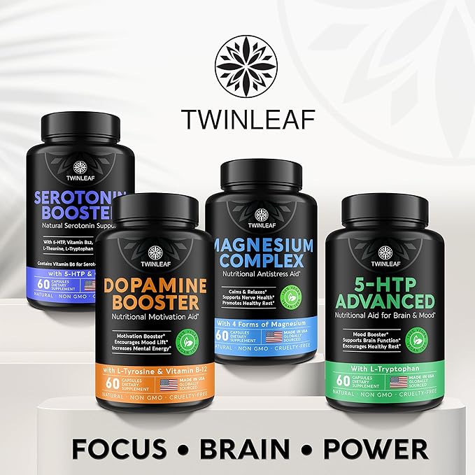 TWINLEAF 5 HTP Supplement for Mood Support - Made in USA - Natural 5-HTP & L-tryptophan Capsules - 5-HTP Booster for Men & Women - Proprietary Formula for Mood and Relaxation - 60 Vegan Capsules