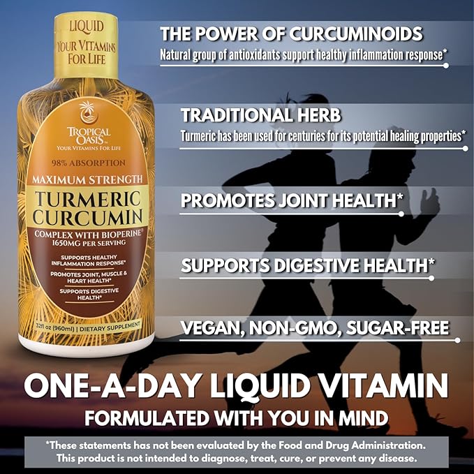 Tropical Oasis Liquid Turmeric Curcumin w/Bioperine - 1650mg Maximum Strength Turmeric Supplement with Black Pepper & Vitamin C - 98% Absorption Rate - 32oz