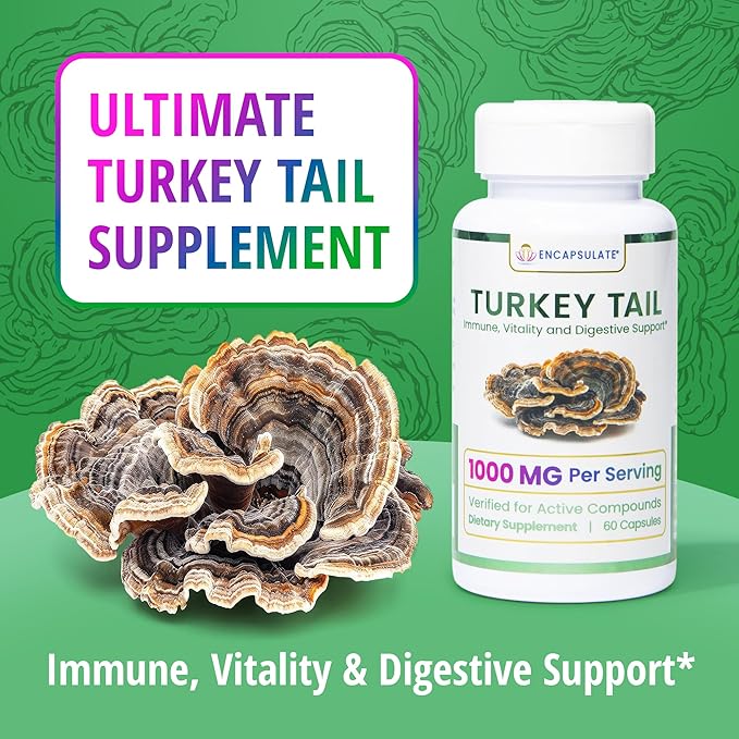 ENCAPSULATE Turkey Tail Capsules 1000mg – Premium Organic Fruiting Body 1:1 Extract – Adaptogen Mushroom Supplement for Digestive, Gut & Immune Support – Lab Tested & Max Bioavailability – 60 Count