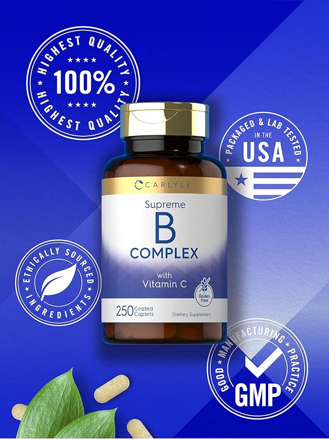 Carlyle Vitamin B Complex Plus Vitamin C | 250 Caplets | Vegetarian, Non-GMO and Gluten Free Supplement