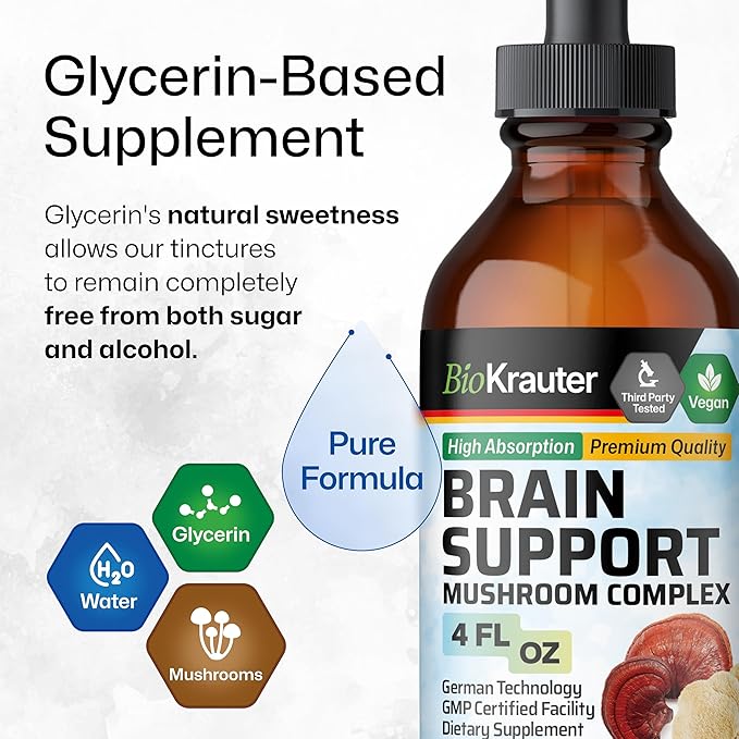 BIO KRAUTER Gotu Kola Tincture 4 Fl. Oz. & Brain Support Mushroom Tincture 4 Fl. Oz.