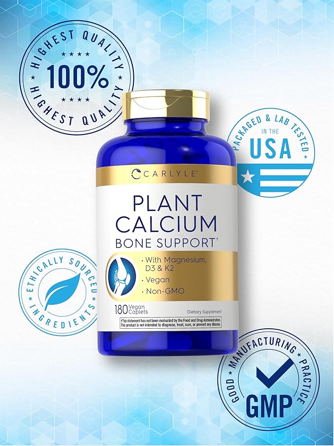 Carlyle Plant Based Calcium with Vitamin K2, D3, Magnesium | 180 Vegan Caplets | Bone Strength Supplement | Non-GMO, & Gluten Free