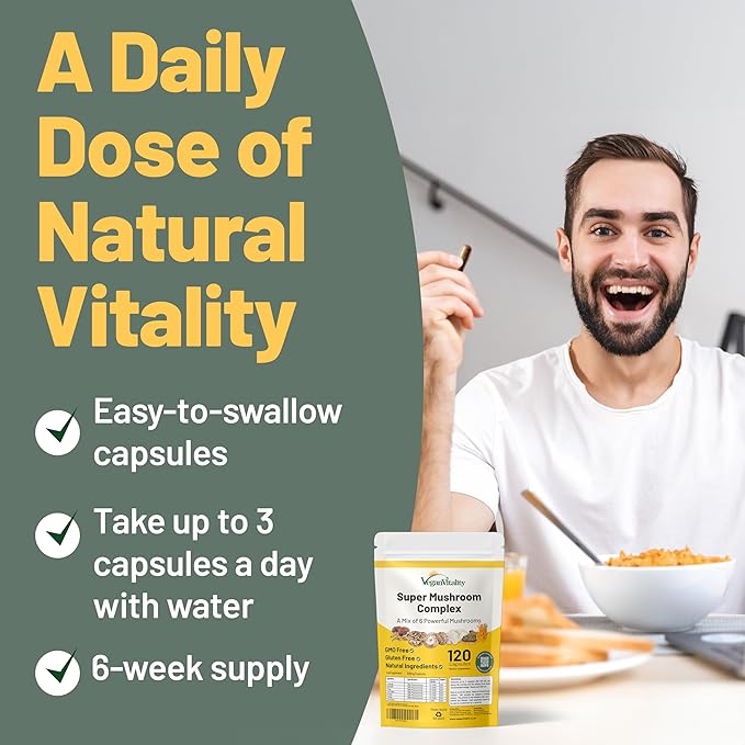 Vegan Vitality Multi Mushroom Supplement Complex - 120 Capsules with Reishi, Chaga, Shitake, Maitake, Lion's Mane and Cordyceps for Brain, Energy, Focus & Memory Support