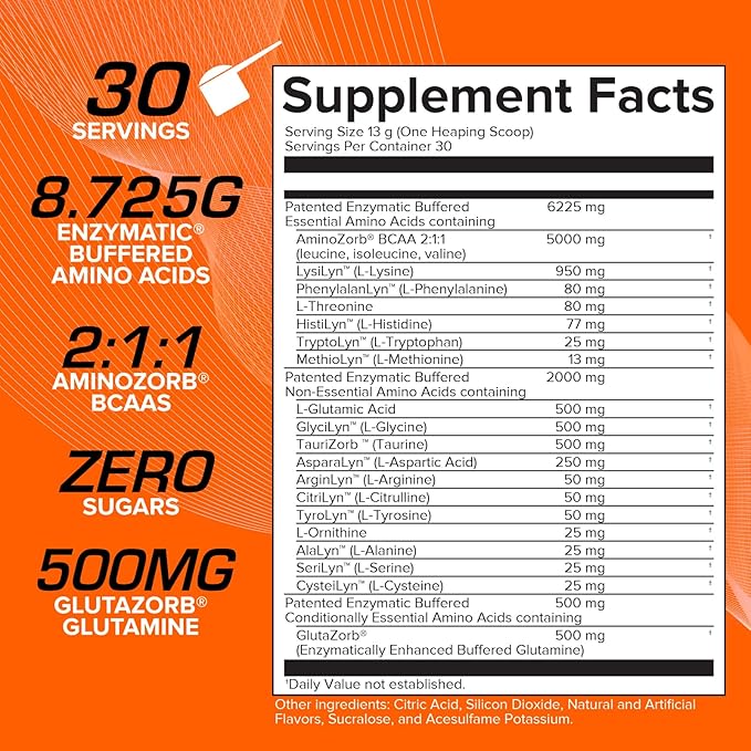 EFX Sports Aminozorb Elite 21 | PH-Correct, Full Spectrum Aminos + Glutamine | Essential & Non Essential Aminos | Zero Sugars | 30 Servings (Orange Splash)