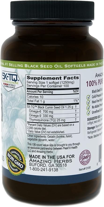 Amazing Herbs Black Seed Oil Pills 1250mg, 100 Softgel Capsules (Pack of 2)