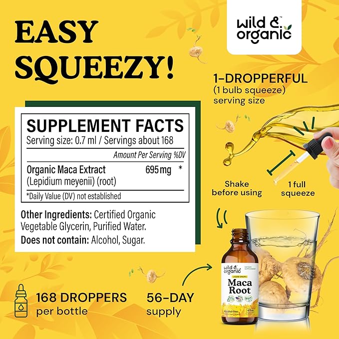 Wild & Organic Maca Root Liquid Drops for Men & Women - Peruvian Maca Tincture for Overall Support - Vegan, Sugar & Alcohol-Free Supplement - 4 fl oz