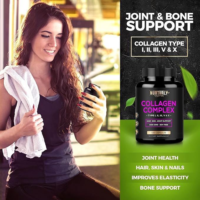 Multi Collagen Peptides Powder Capsules - Hydrolyzed Collagen Peptides Types (I, II, III, V & X) - Collagen Supplements for Hair, Skin & Nails - 120 Capsules