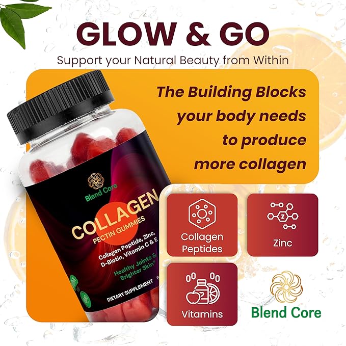 Collagen Gummies for Women & Men with D-Biotin, Vitamin C, E & Zinc - Gluten Free Collagen Peptides, Orange Flavor - Support Skin, Hair & Nail Health - 60 Gummies