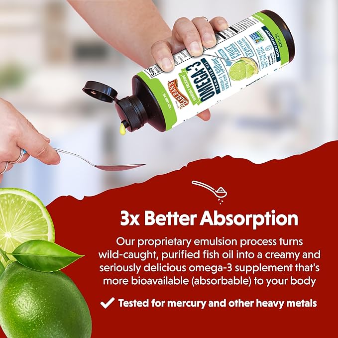 Barlean's Key Lime Pie High Potency Omega 3 Fish Oil Liquid Supplement, 1500mg of EPA& DHA Fatty Acid, Smoothie Flavored & Burpless for Brain, Joint, & Heart Health, 8 oz