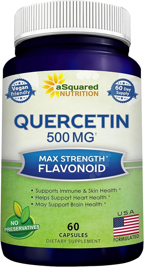 aSquared Nutrition Quercetin 500mg Supplement - 60 Capsules - Quercitin Dihydrate Powder Complex Pills to Support Immune Response & Cardiovascular Health - Pure & Max Strength