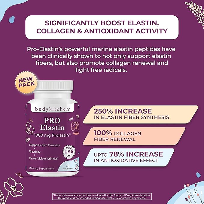 Body Kitchen Pro-Elastin 1000 mg Elastin Supplement, Reduce Signs of Aging, Improved Skin Health, Firmness & Elasticity, Fewer Wrinkles, Veggie Caps (Pack of 3)