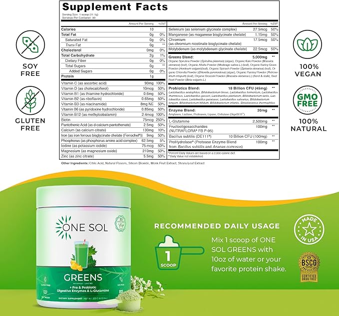 One Sol Greens, Super Greens Powder to Reduce Bloating & Improve Gut Health, Superfood Fresh Bloom Organic Greens Blend Juice & Smoothie Mix, Pre & Probiotic with Digestive Enzymes, Vegan & Soy Free