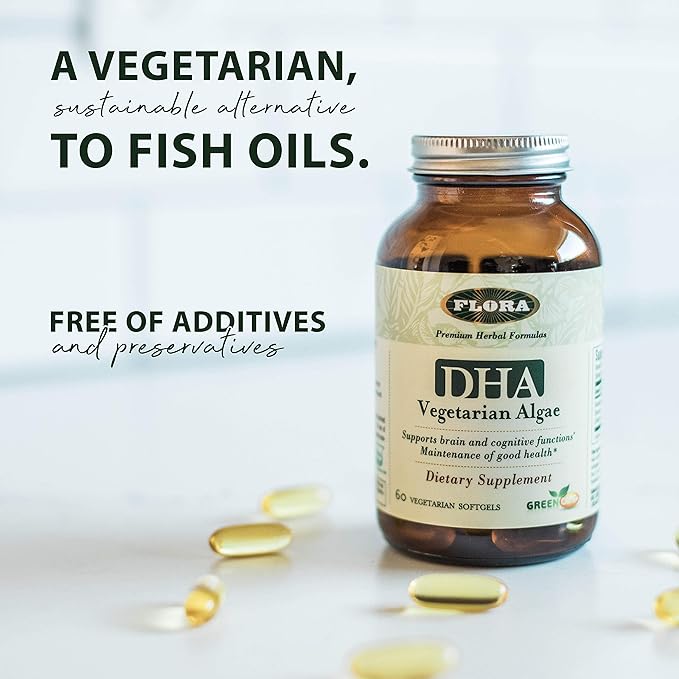 Flora - DHA Vegetarian Algae GreenCaps Plus - Brain & Heart Health - Aids Overall Health During Pregnancy - For Brain & Nervous System - Provides Omega-3 - Vegan & Sustainable - 60 Vegetarian Softgels
