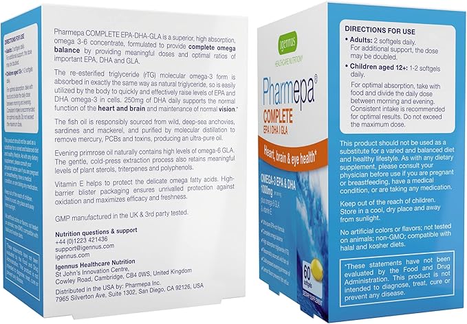 Igennus Pharmepa Complete EPA 668mg & DHA 334mg Omega-3 Fatty Acids 1000mg, rTG Form, High Potency Fish Oil Plus Omega-6 & 9 from GLA Evening Primrose Oil, IFOS Certified, Lemon Flavor, 360 Softgels