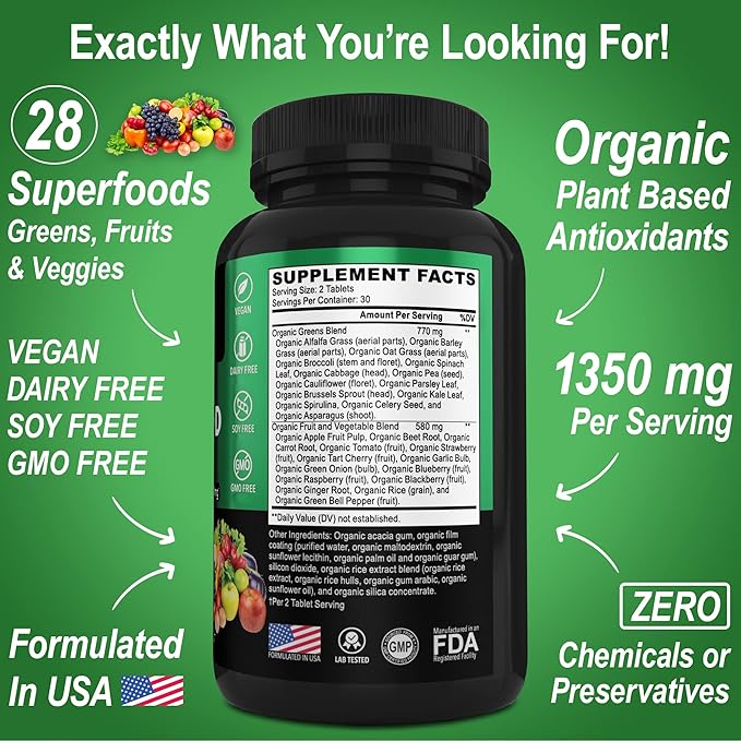 Adrenal Support & Organic Superfood Greens & Fruit Supplements - Daily Energy Super Food Fruits and Veggies Supplement Tablets Plus Vegetable Foods