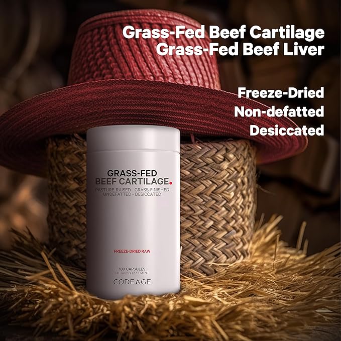 Codeage Grass Fed Beef Cartilage Supplement - Freeze Dried, Non-Defatted, Desiccated Beef Tracheal Bovine Cartilage & Liver Pills – Pasture Raised Argentina Beef Vitamins - Non-GMO -180 Capsules