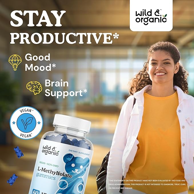 Wild & Organic L-Methylfolate 15mg Gummies - Mood & Brain Support - Folate 5-MTHF Supplement for Brain, Focus, Clarity - Folate Supplement w/Vitamin B9-60 Non-GMO L Methylfolate Gummies