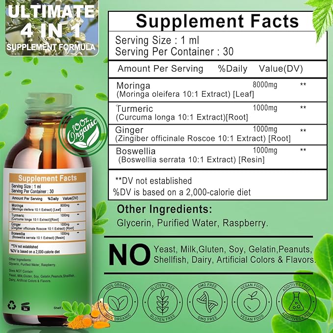 Moringa Drops - Organic Moringa Leaf Extract Liquid with Turmeric Ginger Boswellia for Energy, Skin Health, Gut Health - High Absorption Green Superfood w/Essential Vitamins & Amino Acids