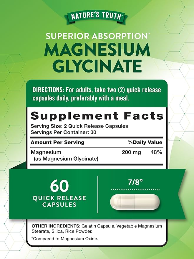 Nature's Truth Magnesium Glycinate Capsules | 200mg | 60 Count | Chelated Superior Absorption Formula | Non-GMO & Gluten Free Supplement