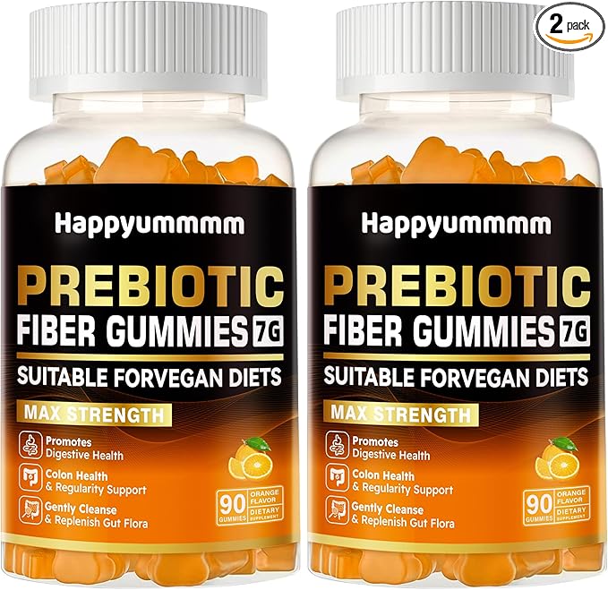 Prebiotic Fiber Gummies for Adults, 7G Extra Strength, Zero Sugar Added, 90 Pectin Based Gummies, Digestive Health -Orange-2pack