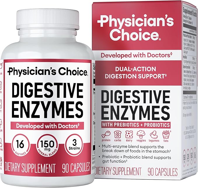 Physician's CHOICE Digestive Enzymes - Multi Enzymes, Organic Prebiotics & Probiotics for Digestive Health & Gut Health - Meal Time Discomfort Relief & Bloating - Dual Action Approach - 90 CT